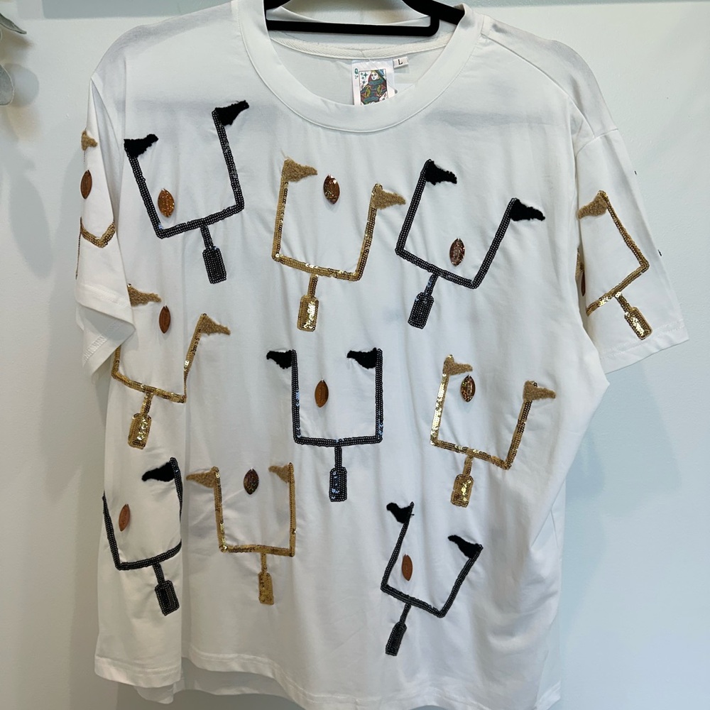 Queen of Sparkles NWT  White T-Shirt with Black and Gold Football Post